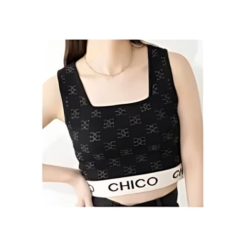Chico 総柄裾ロゴクロップドタンクトップ