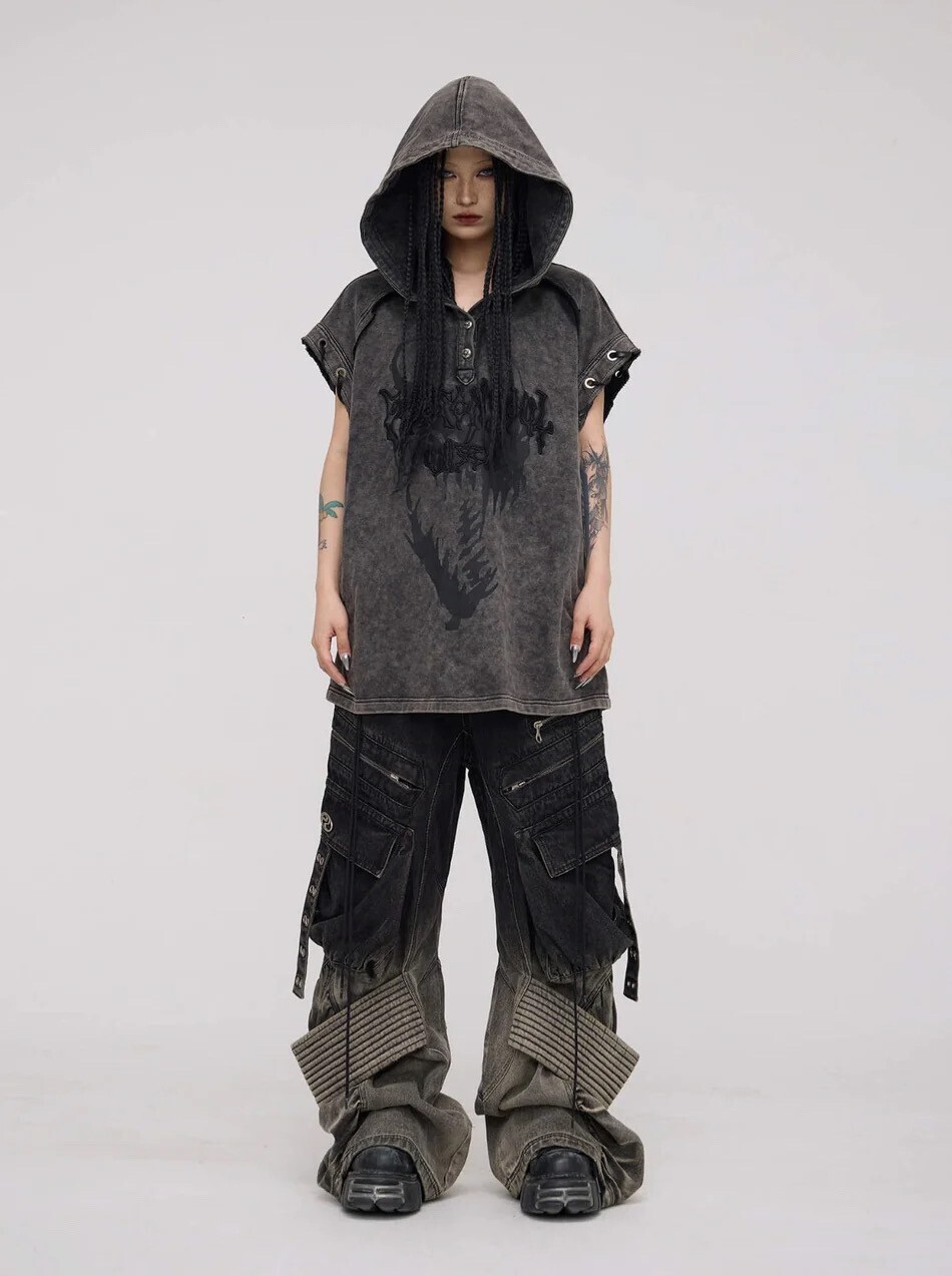 PERSONSOUL PERSONSOUL BUTTON COLLAR HOODED SLEEVELESS SWEATSHIRT