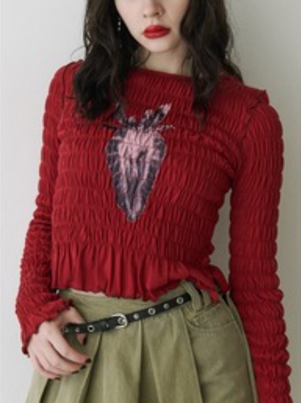 jouetie ストロベリーギャザーフィットロングTシャツ