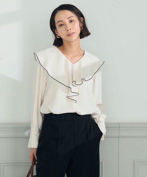 NOLLEY\'S ストレッチジョーゼットラッフル衿配色ブラウス
