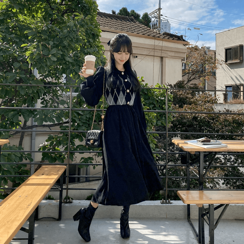 ATTRANGS「アットランス」 【即日発送可能】アーガイルニットドッキングワンピース op12801