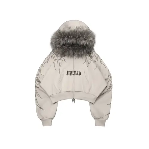 Named Collective FALLEN FAUX FUR STUDDED CROP ZIP HOODIE BONE