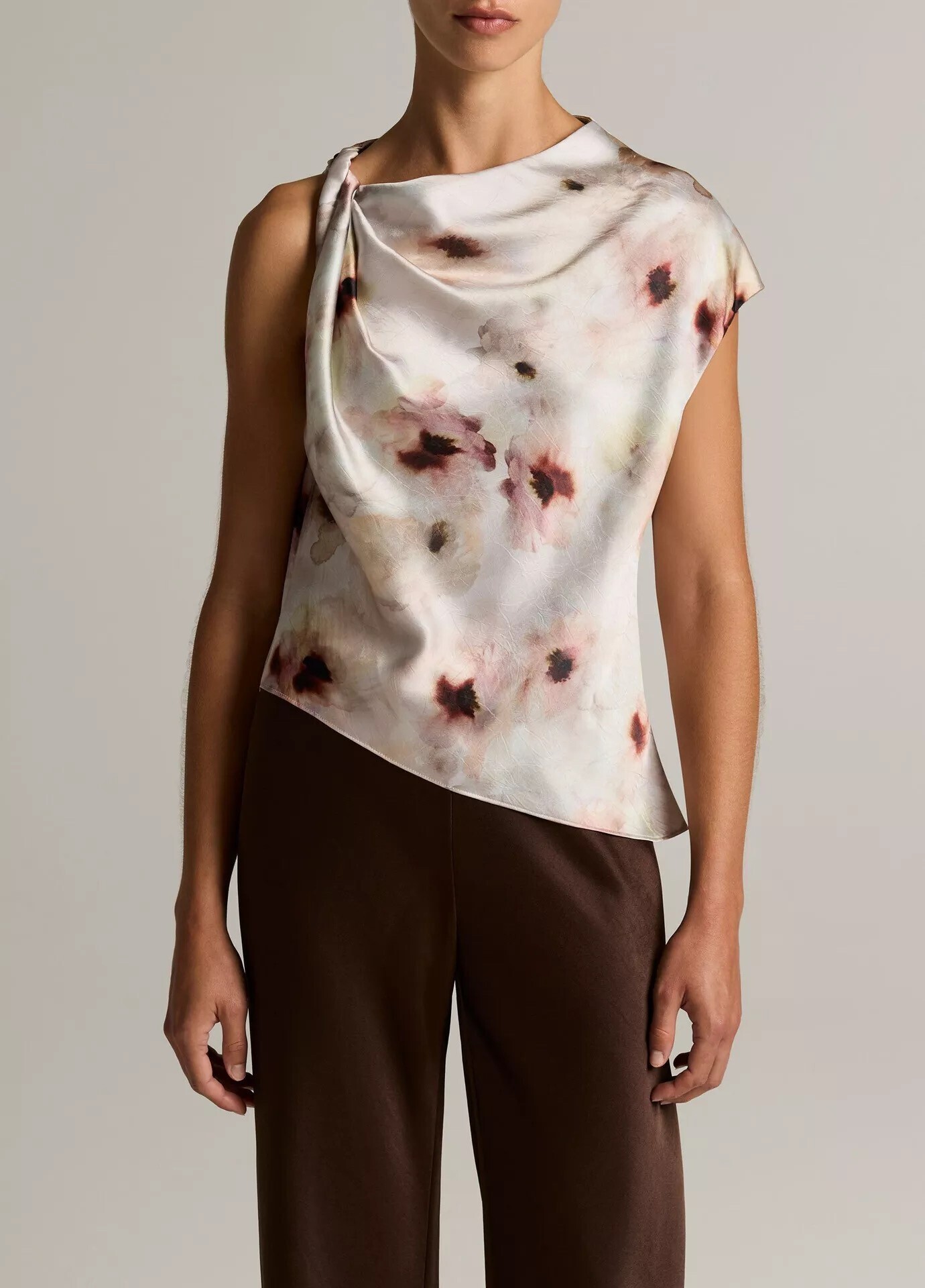 VINCE Watercolor Floral Satin Twist-Shoulder Top