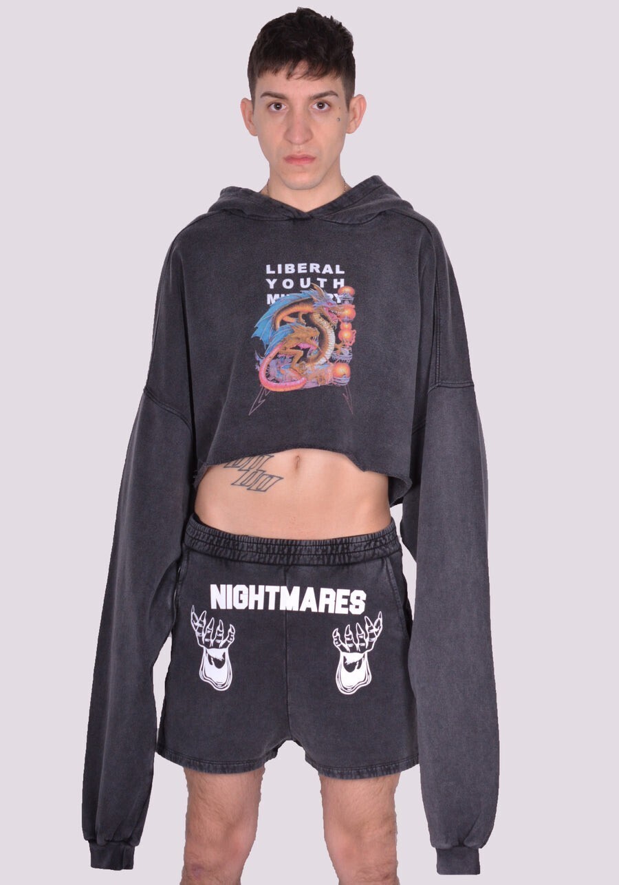 LIBERAL YOUTH MINISTRY CROPPED SWEAT HOODIE WASHED BLACK