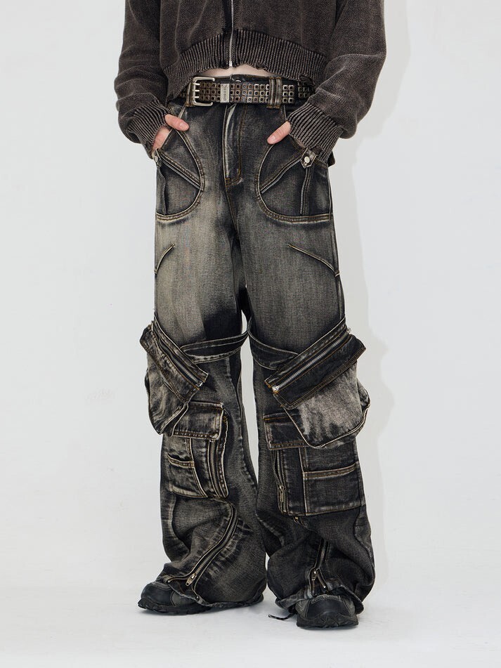 peoplestyle Multi-pocket washed denim pants