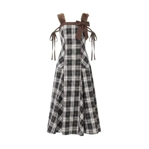 Rosé Muse Fur strap check cami dress