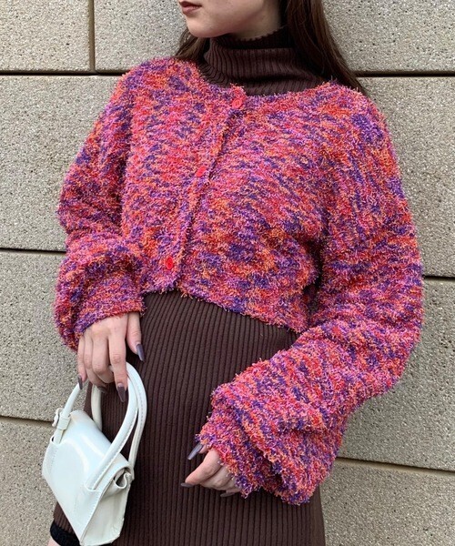 SHAGGIE MIXカールヤーンボリュームスリーブクロップカーディガン