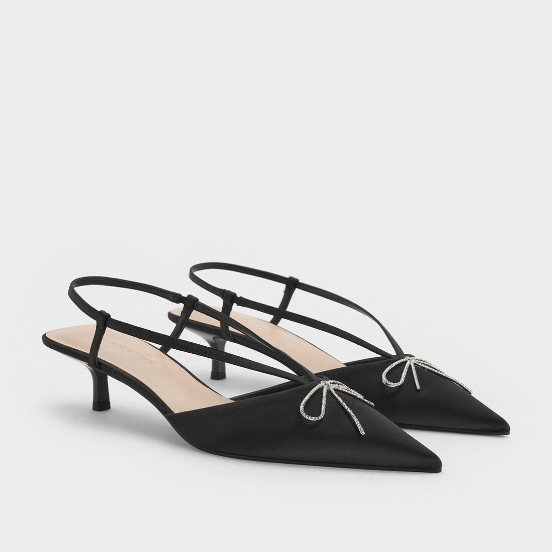 CHARLES & KEITH クリスタルボウ キトゥンヒールスリングバックパンプス （BlackTextured）