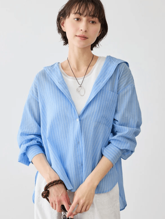 ROPE' PICNIC お着軽シャツシリーズ 無地・ストライプ フード付きシアーシャツ