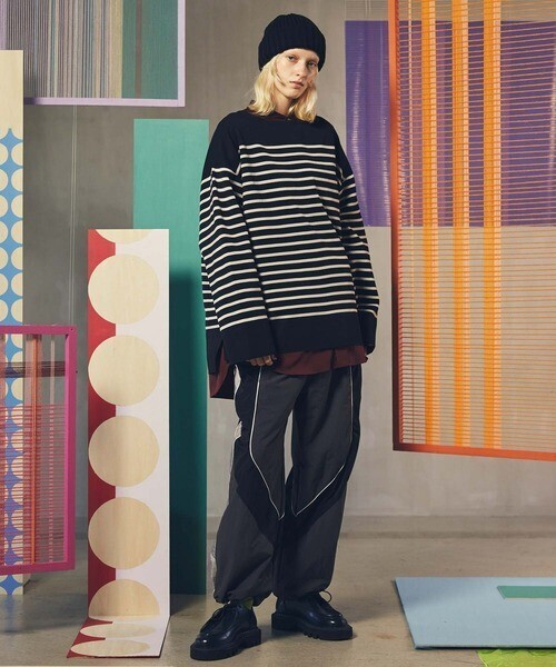 MAISON SPECIAL 18G Milan Ribs Border Prime-Over Boat Neck Knit Pullover