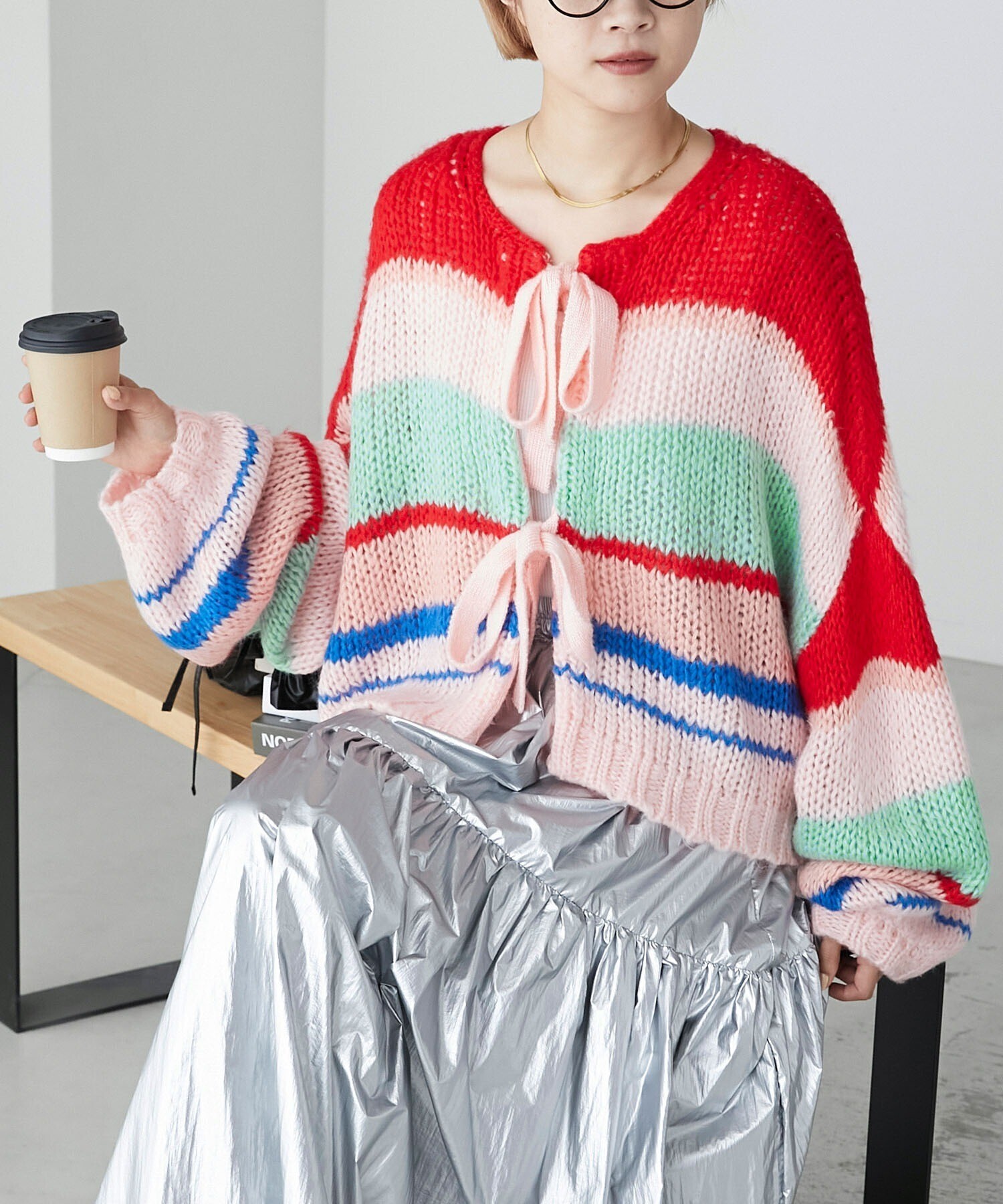 forksy. モヘアマルチボーダーボリュームスリーブカーディガン