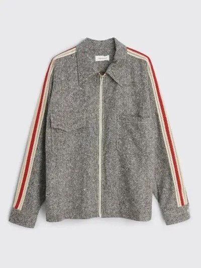 Wales Bonner Charlie Zipped Shirt Jacket in Ash Grey with Stripe Sleeves