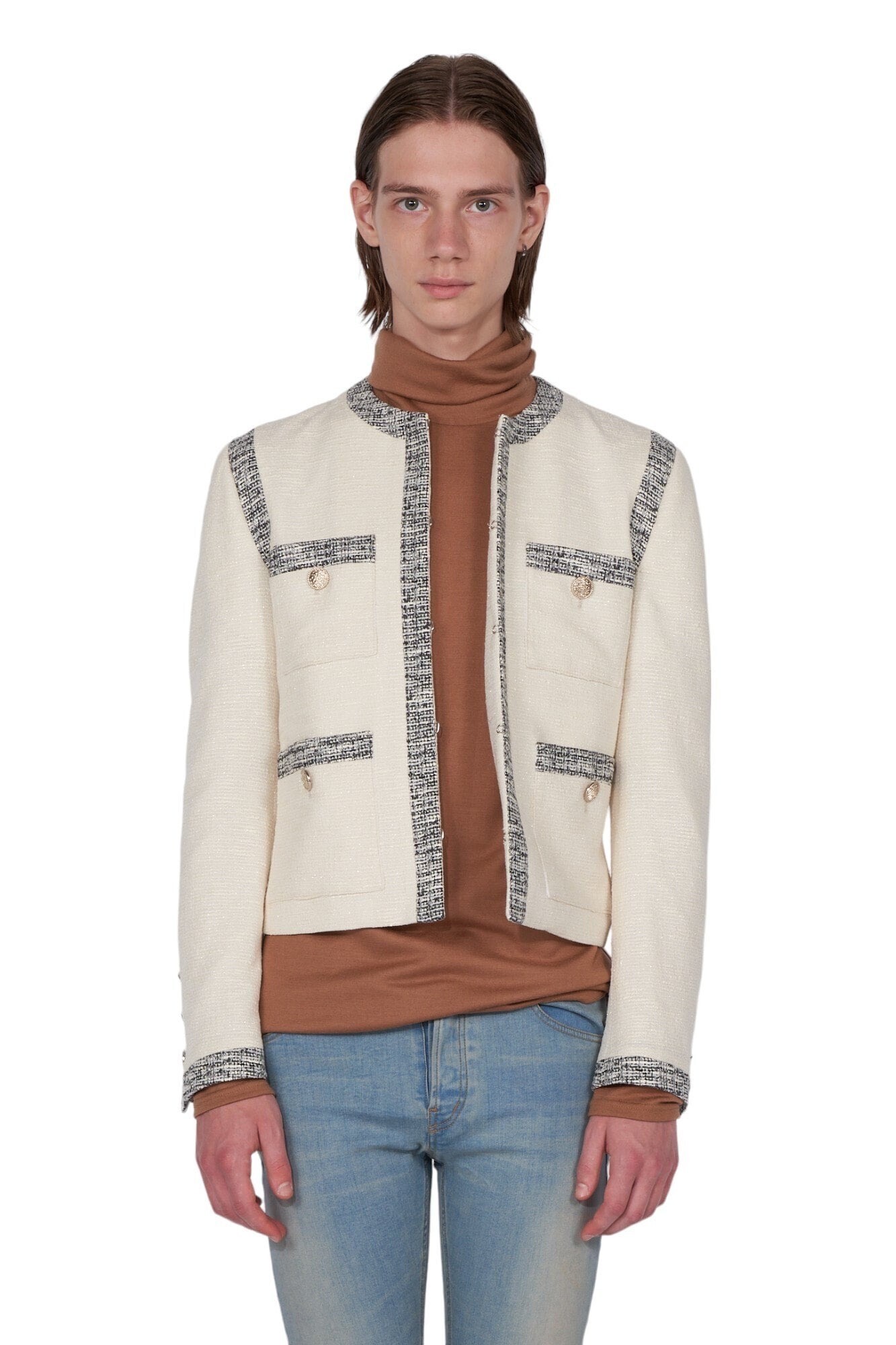GALAABEND Tweed No Collar Cropped Jacket
