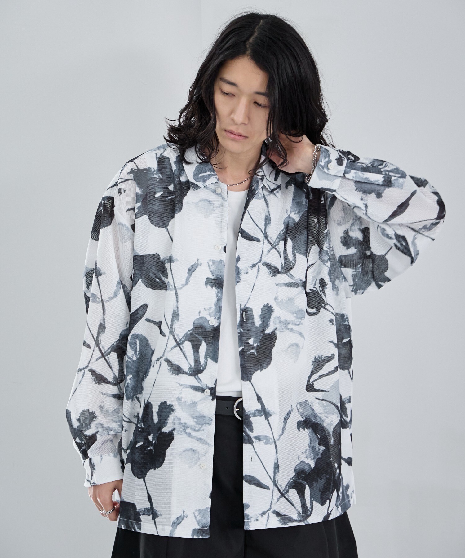 RAGEBLUE Sheer Flower Pattern Shirt / カラミ編みスカシフラワー柄シャツ