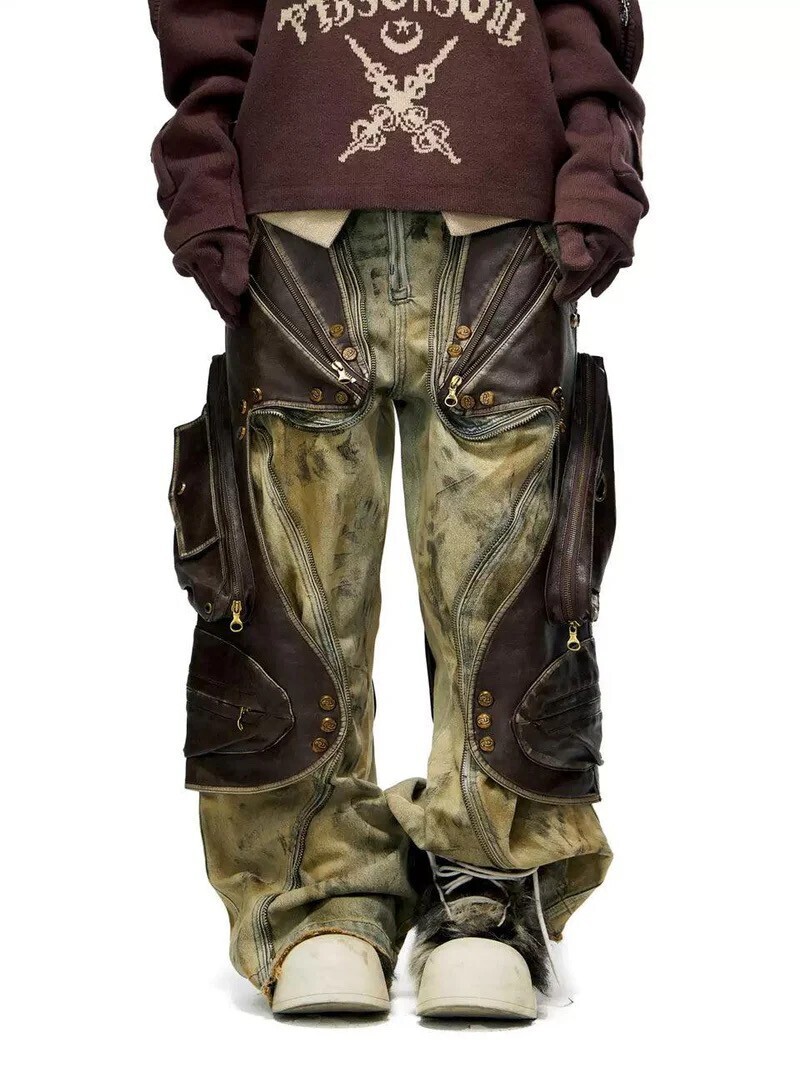 PERSONSOUL DETACHABLE LEATHER PANEL OXIDIZED JEANS