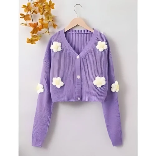 SHEIN ティーンガール 立体的な花 ドロップショルダー ボタンフロント カーディガン