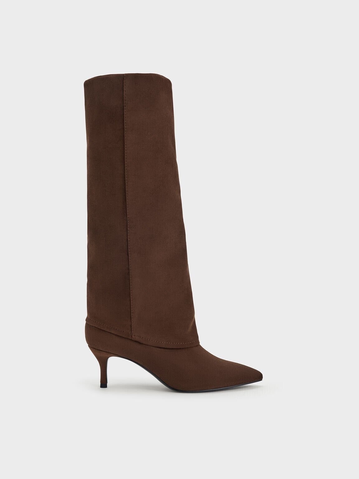 CHARLES & KEITH ポインテッドトゥ キトゥンヒールロングブーツ - ダークブラウンテクスチャー