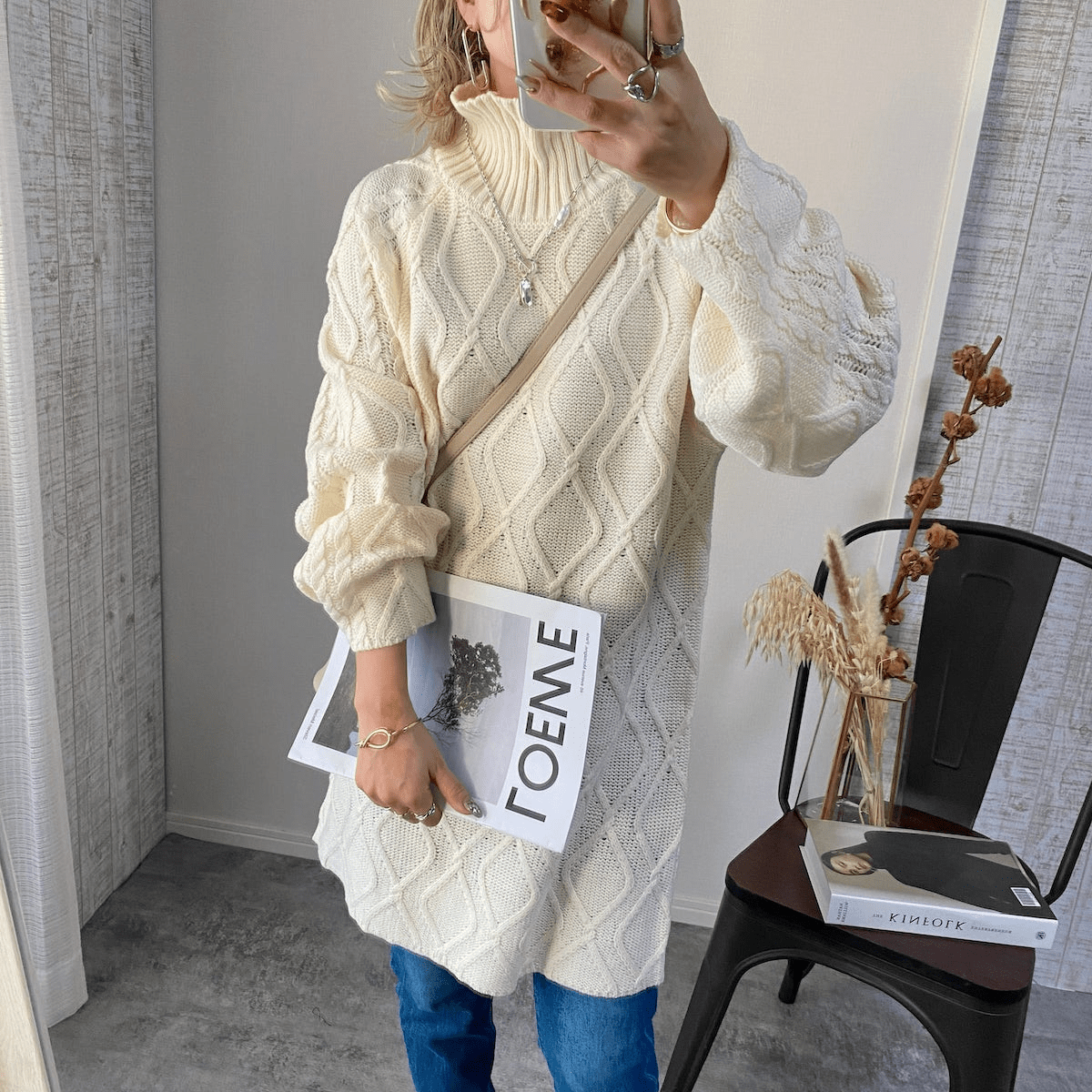 Chich&Sally bulky cable knit high neck TN【Ivory】