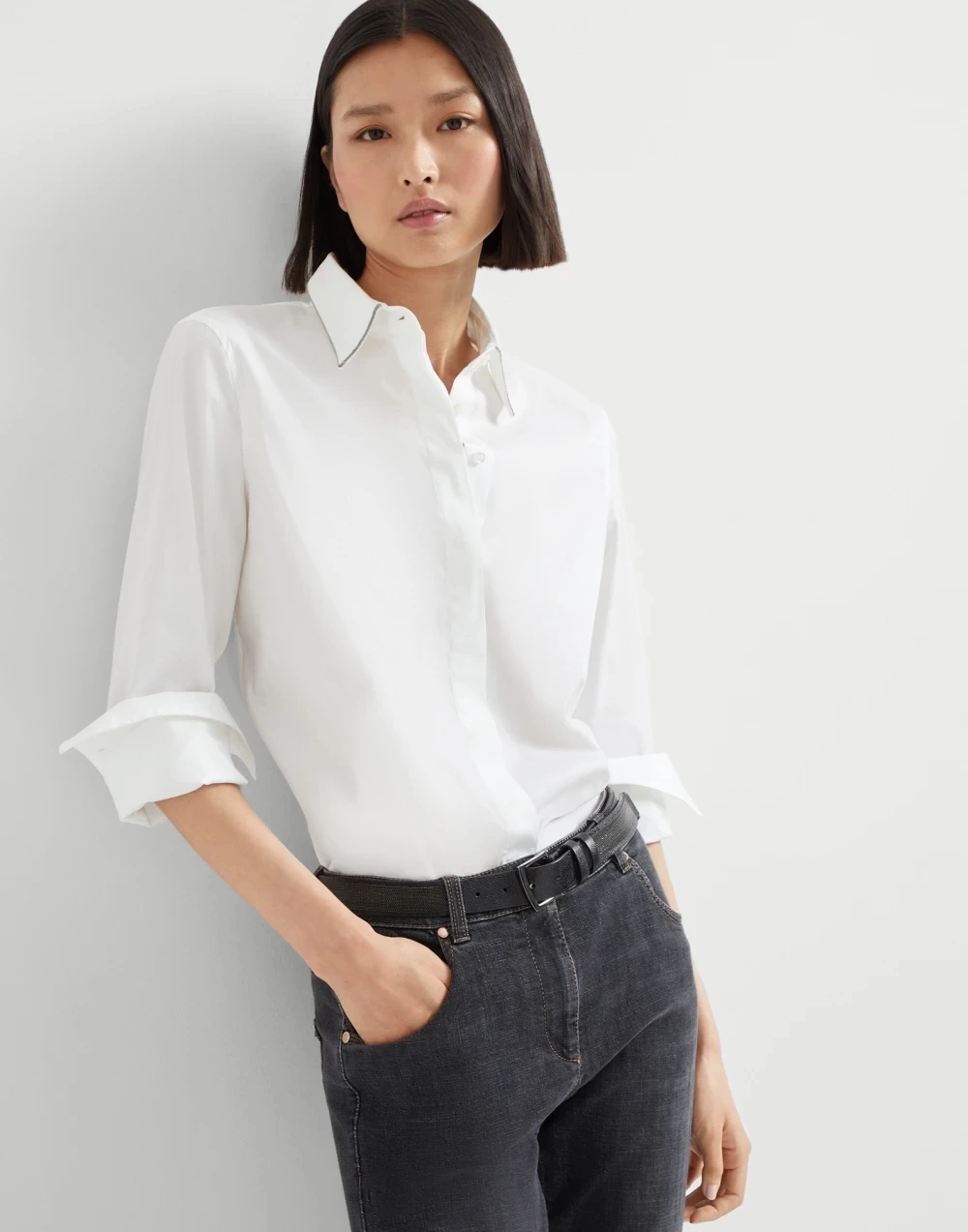 Brunello Cucinelli Stretch cotton poplin shirt with shiny collar