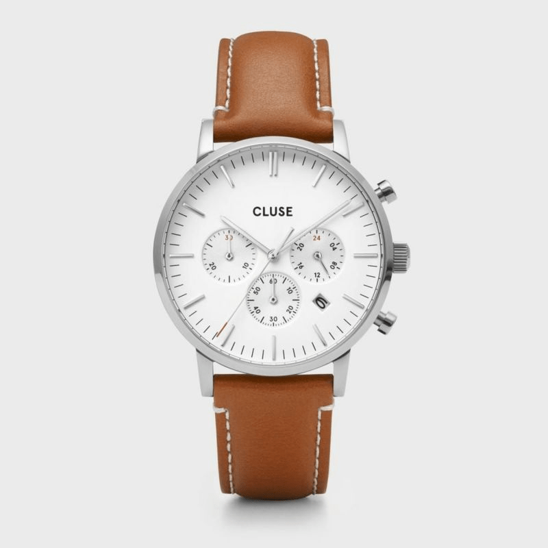CLUSE アラヴィスクロノ レザー シルバー ホワイト / ライトブラウン　CLUSE/クルース/時計