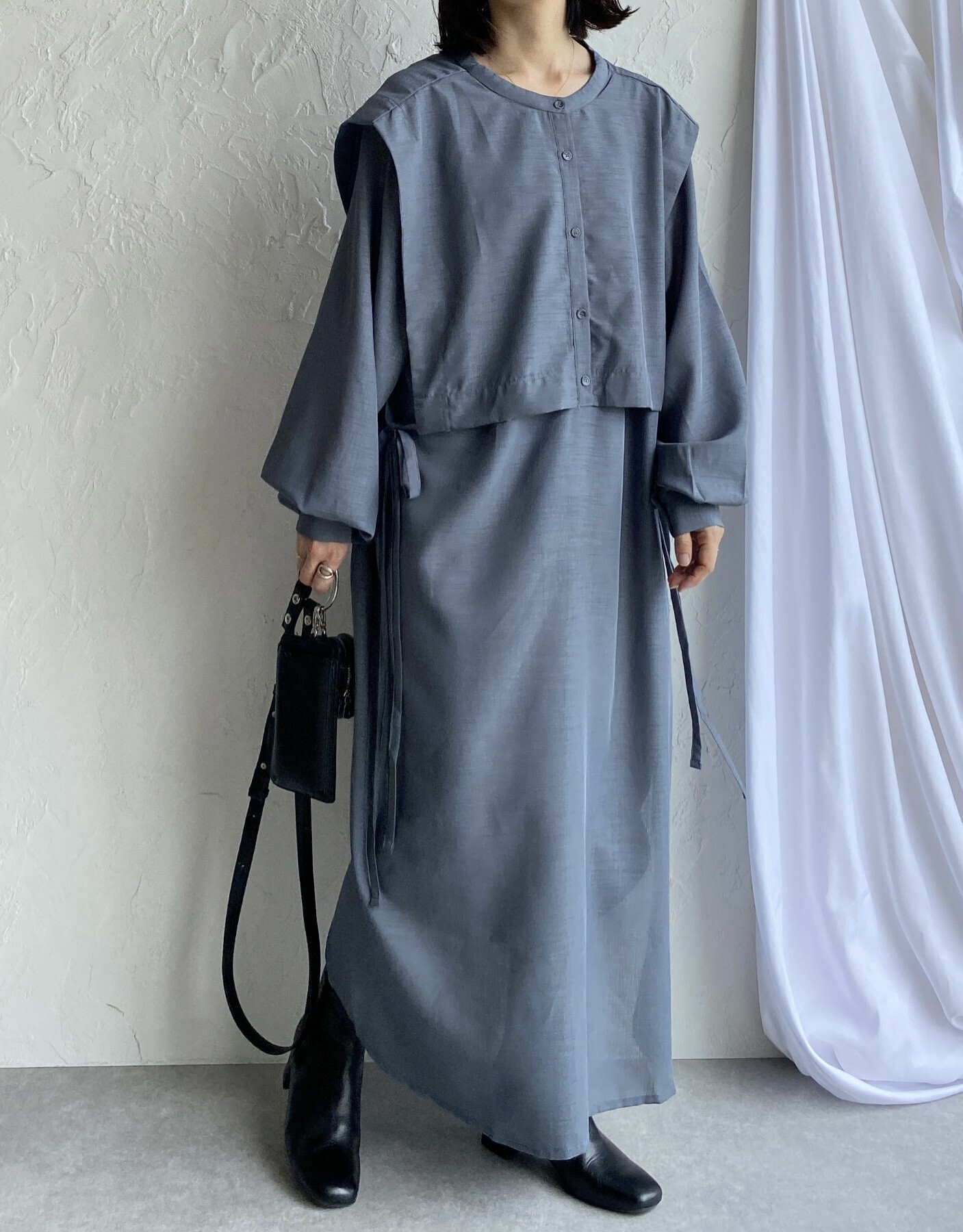 She's Closet ベストレイヤードヨークデザイン長袖スタンドカラーロングシャツワンピース