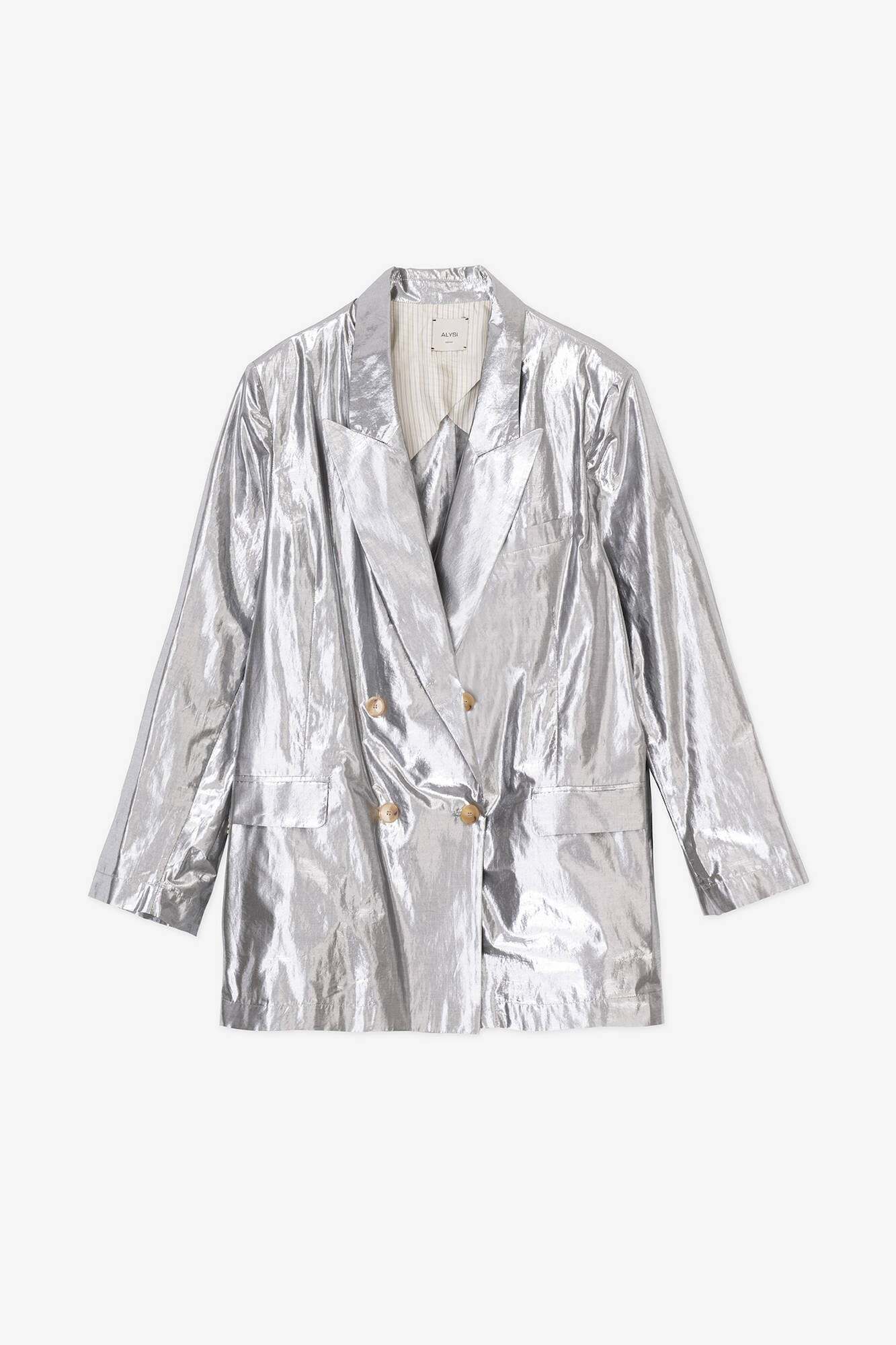 ALYSI OVER DOUBLE BREASTED SHINY SILVER BLAZER