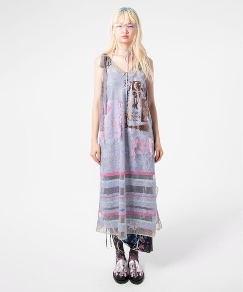 rurumu: foil printed knit sheer camisole dress