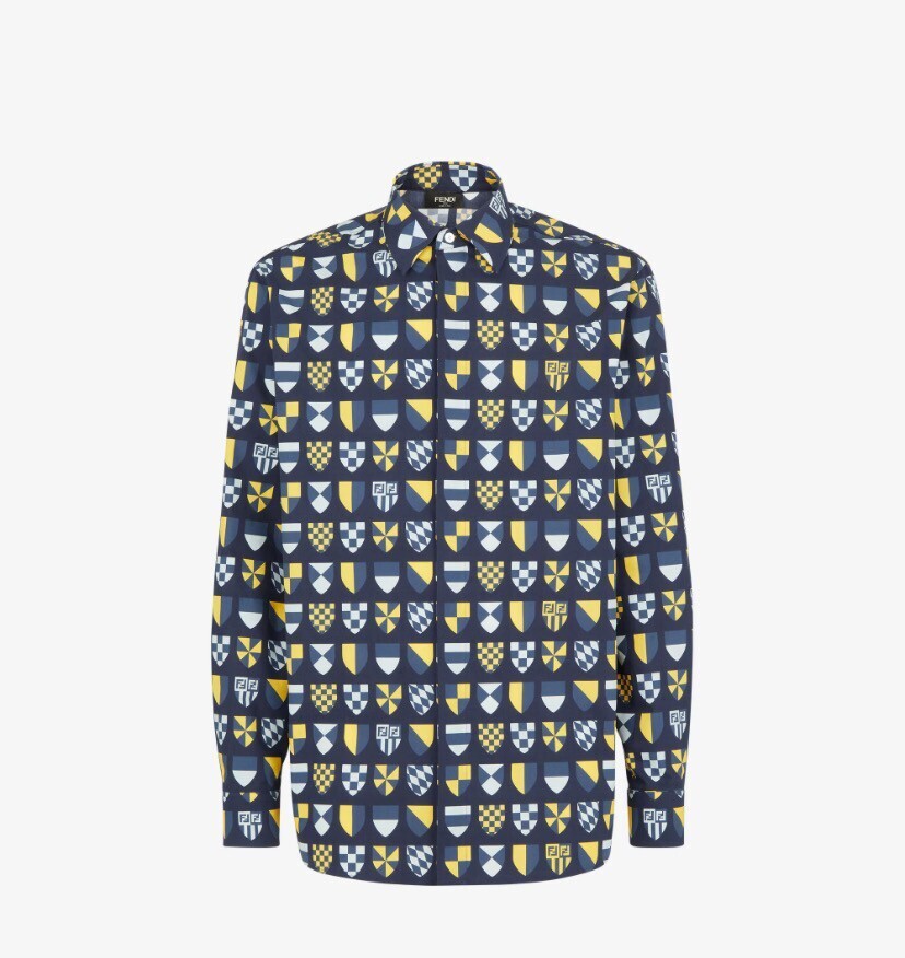 FENDI マルチカラープリント入り ブルー コットンシャツ