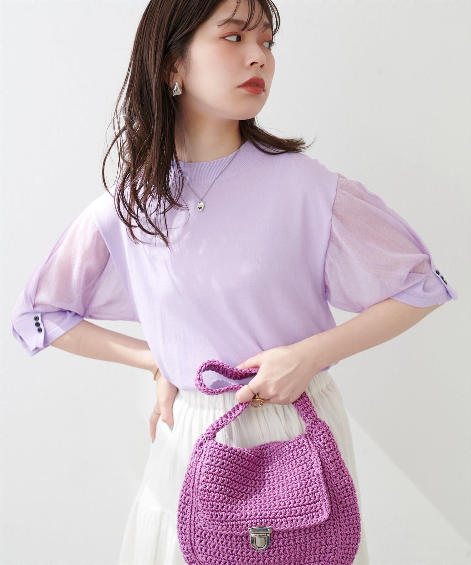 natural couture 袖シアーおしゃれ強撚ニット