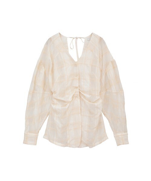 CLANE SHEER CHECK TUCK WAIST BLOUSE