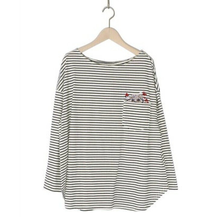 ScoLar ポケットからひょっこりパグ刺繍 ボーダーロングスリーブTシャツ