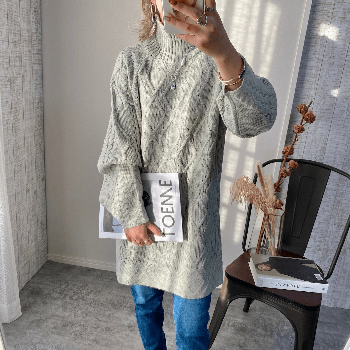 Chich&Sally bulky cable knit high neck TN【Pistàcchio】