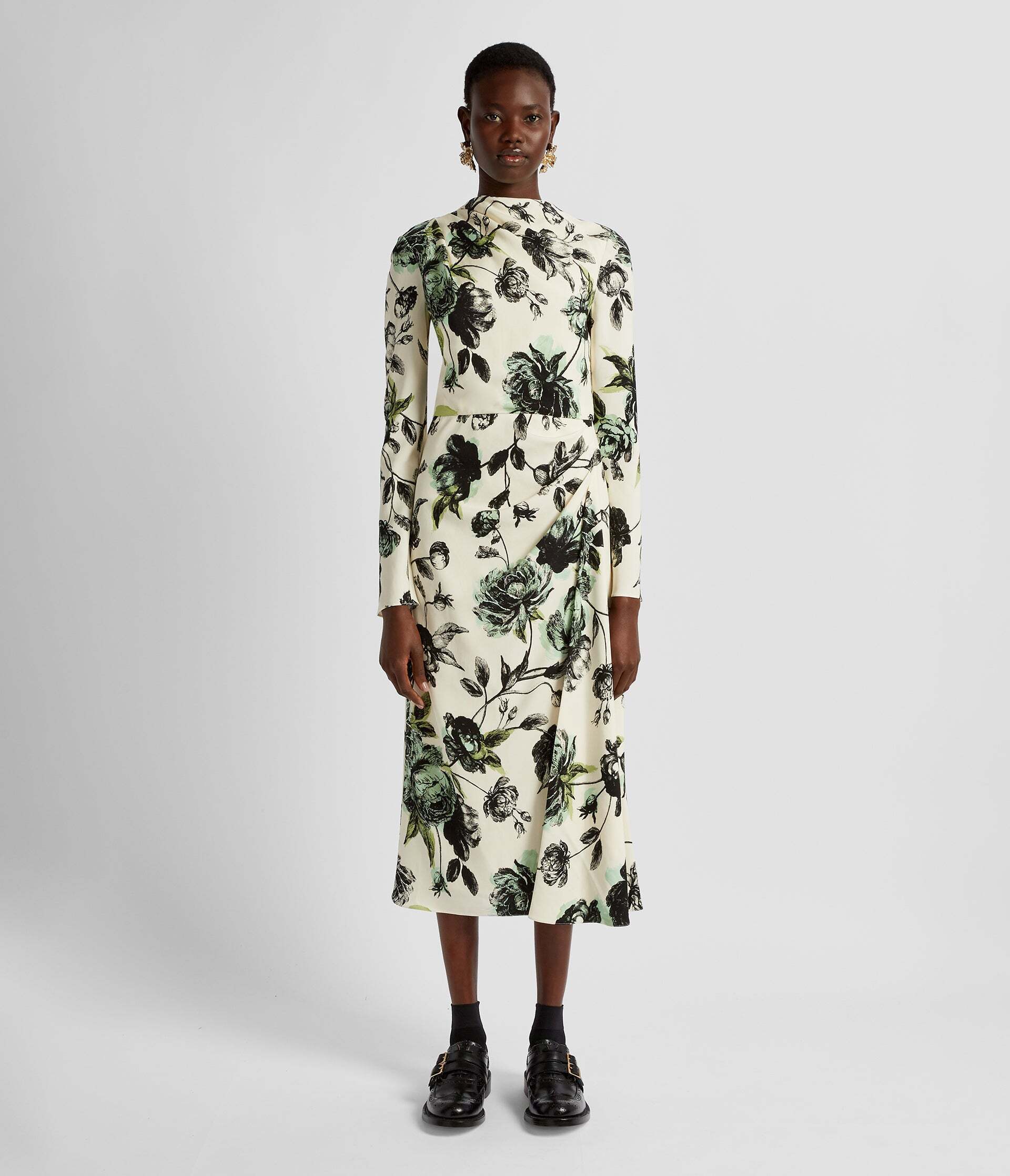 ERDEM Long Sleeve Draped Midi Dress