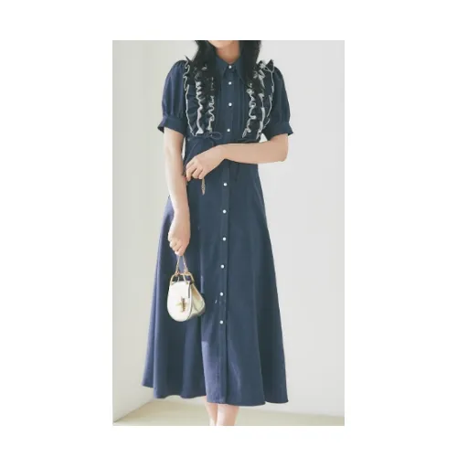 tocco closet フリル＆リボン付きバックレースアップデニムシャツワンピース