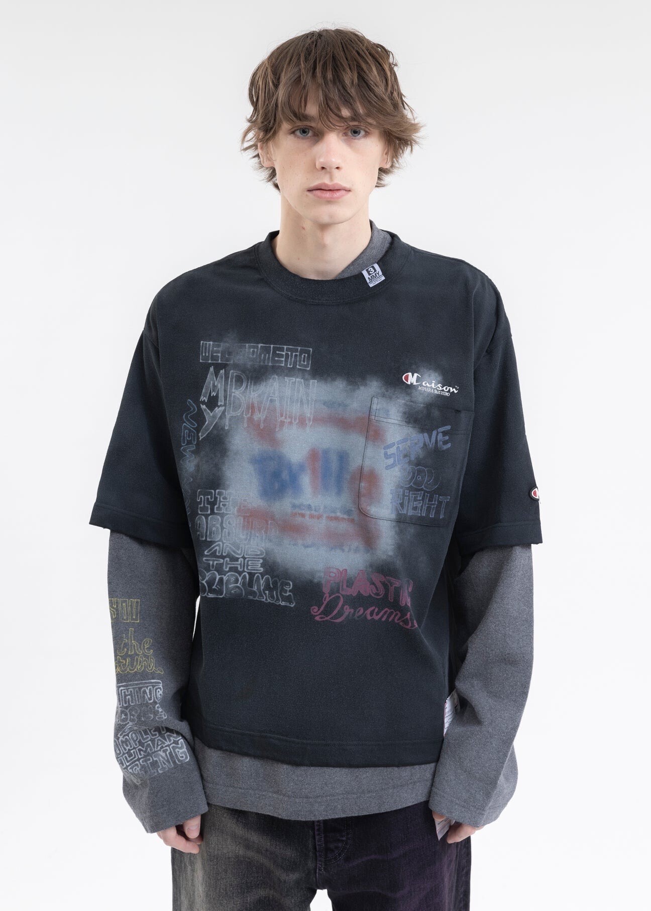 MIHARAYASUHIRO BLACK SHIFT SIDE COMBINED LONG SLEEVES TEE