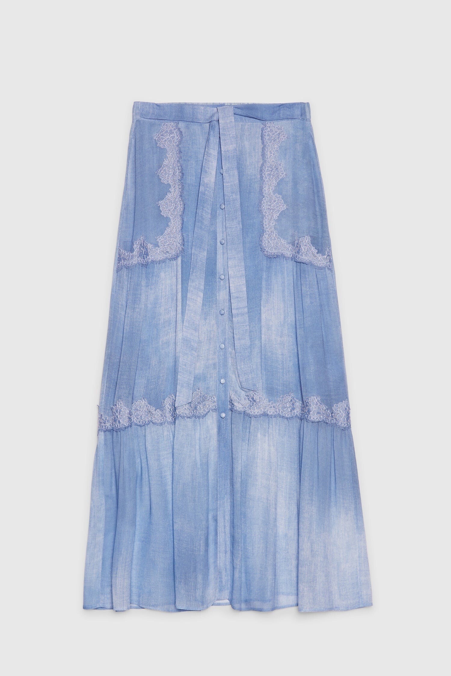 ERMANNO FIRENZE GEORGETTE LONG SKIRT DENIM PRINT WITH LACE