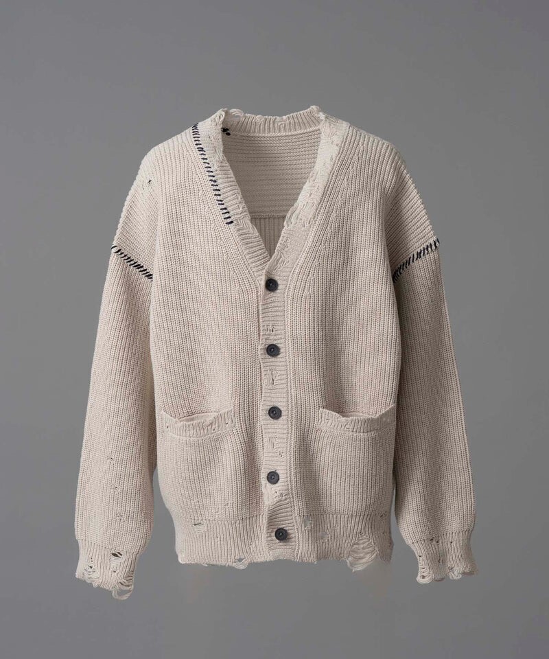 MAISON SPECIAL Embroidery Damage Prime-Over V-Neck Knit Cardigan