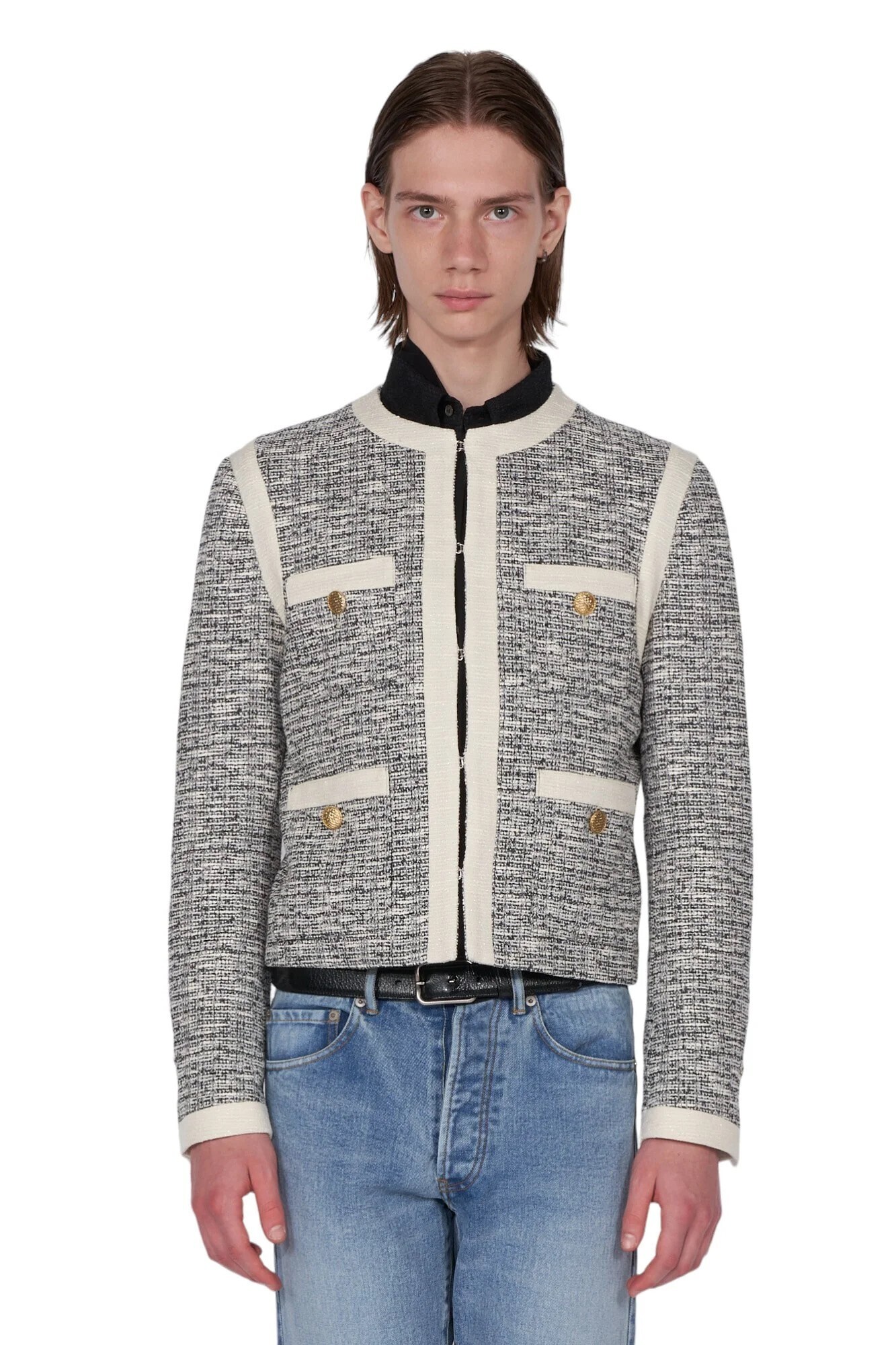 GALAABEND Tweed No Collar Cropped Jacket