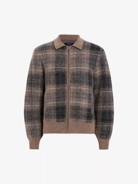 ALLSAINTS Robbie zip-up checked stretch wool and alpaca-blend cardigan