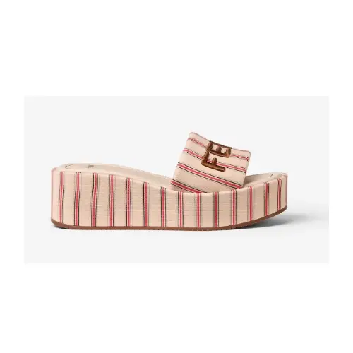 FENDI フェンディ サンシャイン レッド＆ベージュ ストライプ FFキャンバス フラットフォームサンダル