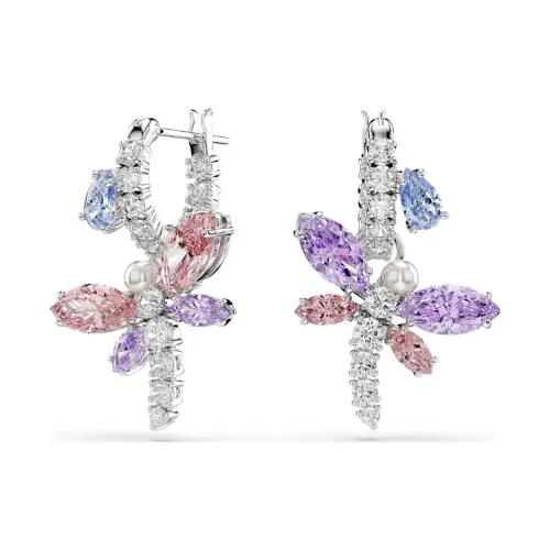 SWAROVSKI ドロップピアス ミックスカット, トンボ, マルチカラー, ロジウム・プレーティング