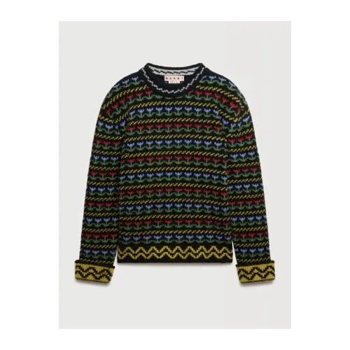 MARNI ブラックシェットランドウールジャンパー Fairisleモチーフ