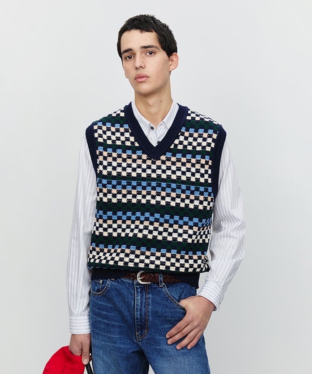 DUNST CRAFTED V-NECK KNIT VEST_UNISEX_UDSW5A109_NAVY