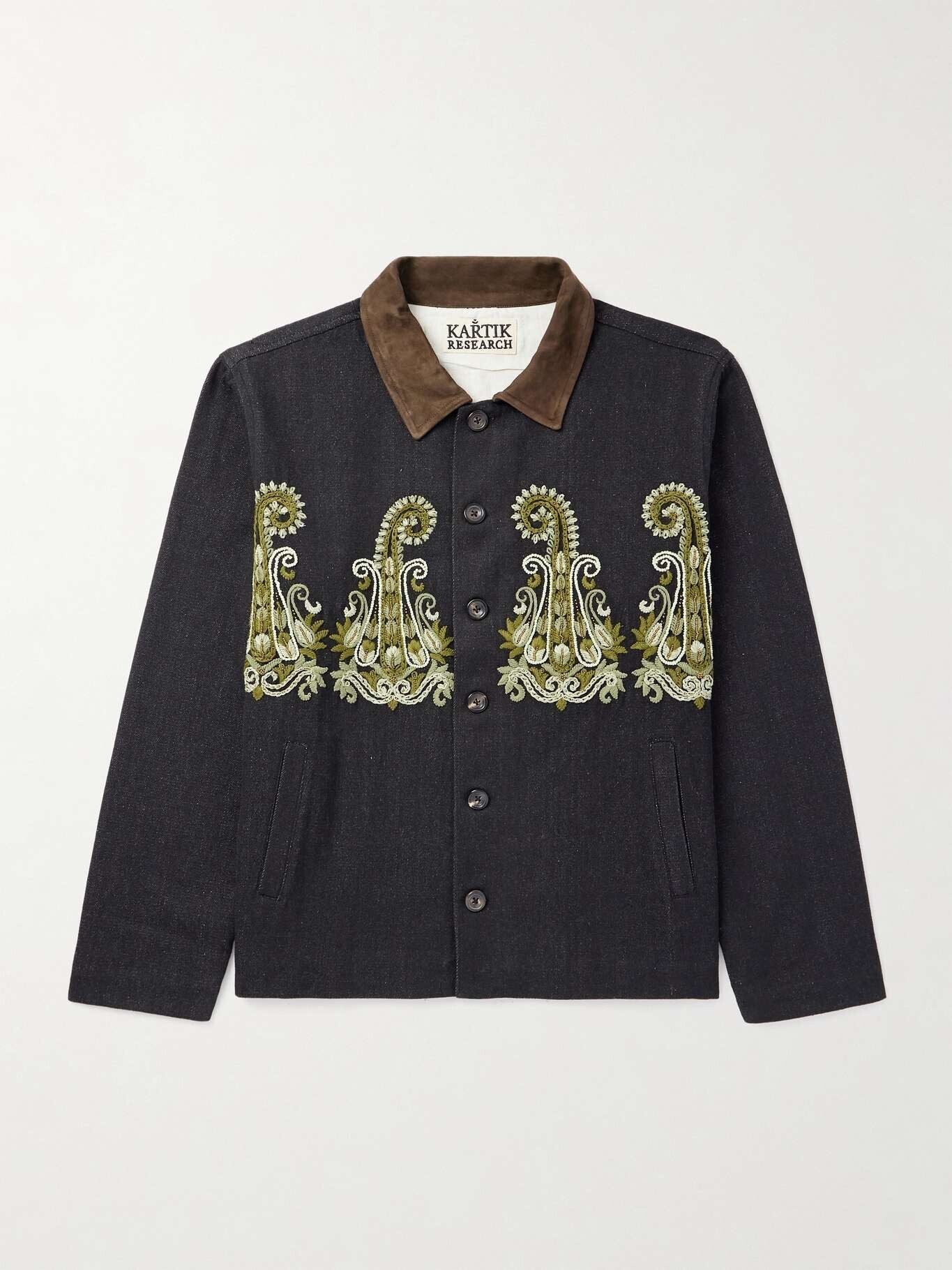 Kartik Research Embroidered Bead-Embellished Suede-Trimmed Denim Jacket