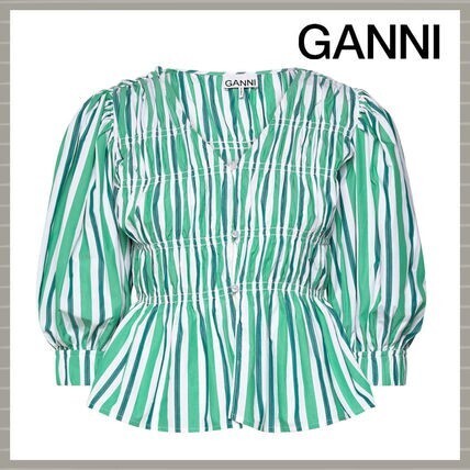 GANNI STRIPED V-NECKLINE FITTED BLOUSE