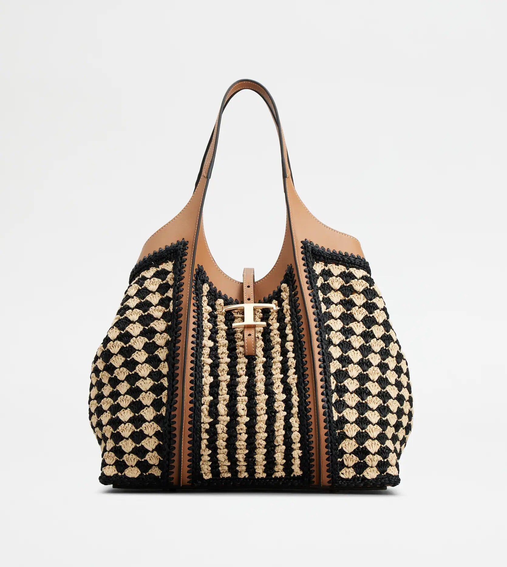 TOD'S T タイムレス レザー＆ラフィア ショッピング バッグ ミディアム
