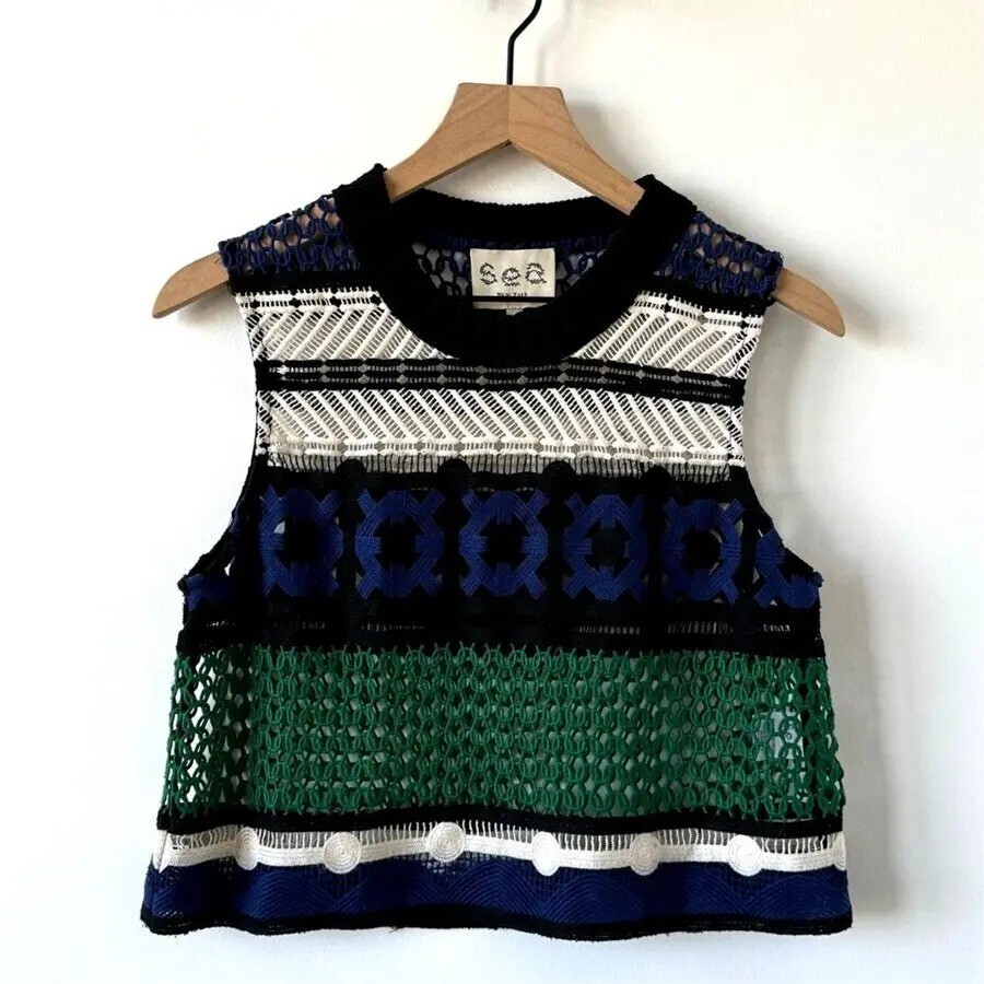 Sea New York Multi Pattern Crochet Open Knit Top