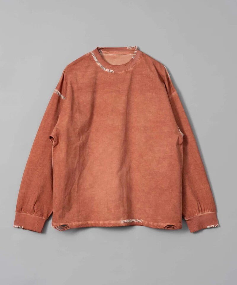 MAISON SPECIAL Embroidery Damage Over-Dye Crew Neck Long-Sleeve T-Shirts