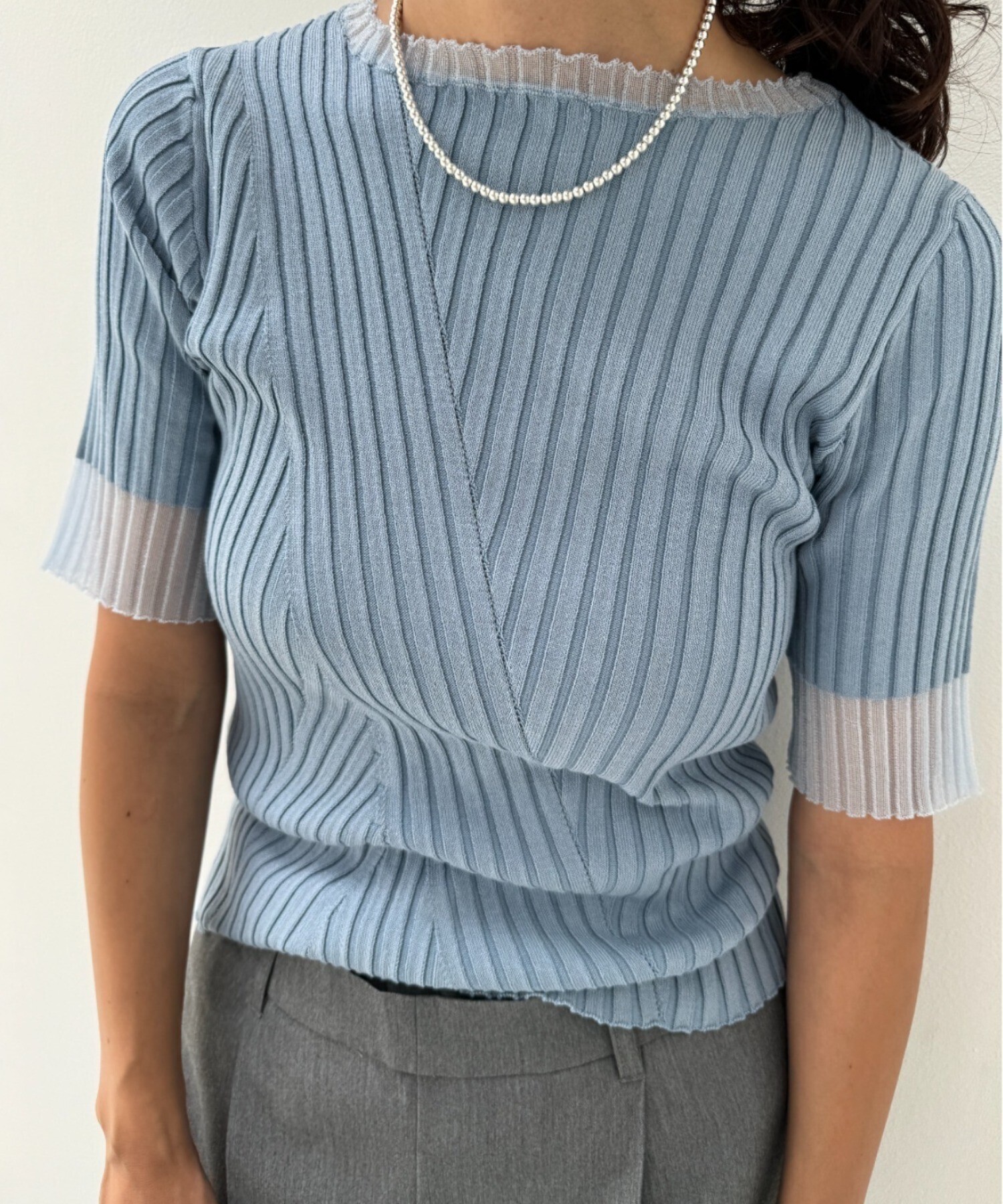 y/m シアーハーフスリーブリブニット