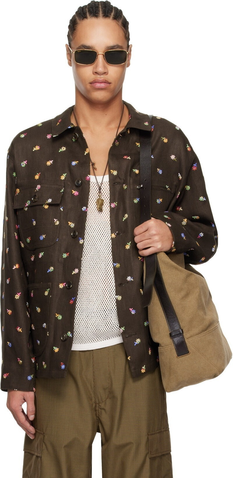 vowels Brown Embroidered Linen Chore Jacket